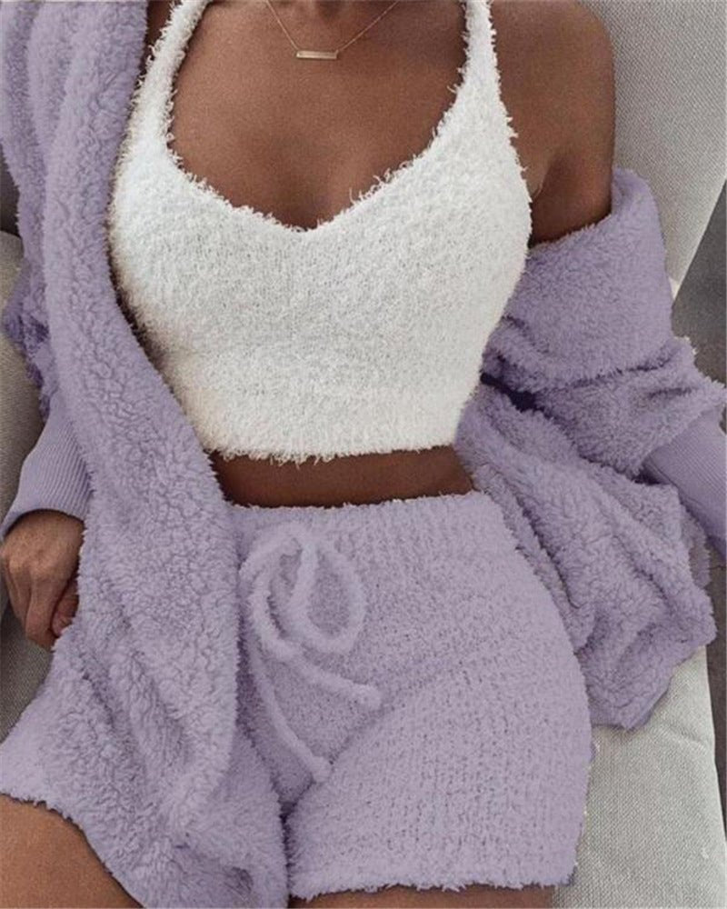 3-Piece Women’s Pajama Set – Long Sleeve Crop Tank Top & Drawstring Shorts Lounge Set