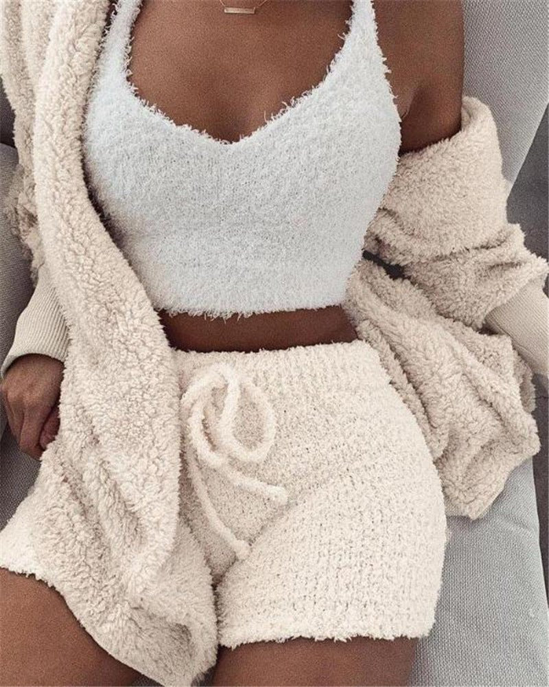 3-Piece Women’s Pajama Set – Long Sleeve Crop Tank Top & Drawstring Shorts Lounge Set
